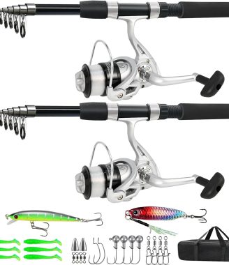 Fishing Pole Combo, 6.9ft 2Pcs Telescopic Rods Set, Collapsible Carbon Fiber Fishing Rods, 2PCS Spinning Reel Set with Carrier Bag Freshwater Fishing Rod and Reel Combos Kits